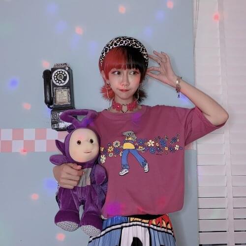 Japanese original style cartoon soft sister childrens fun cat purple rose loose teesshort sleeve T-shirt