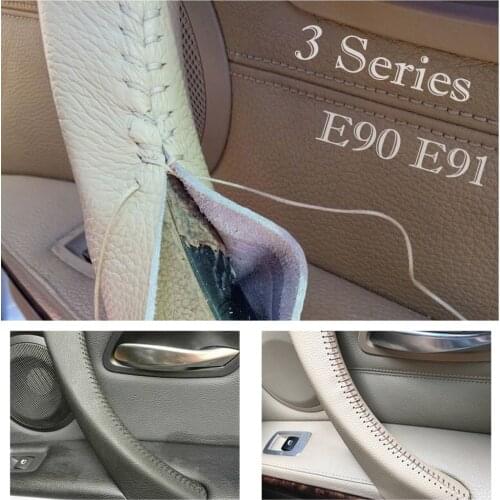 Interior Door Panel Handle Pull Trim Cover For BMW 3 Series E90 E91 E92 E93 2005-2012 Carbon Texture/Beige Hand Sewing Leather