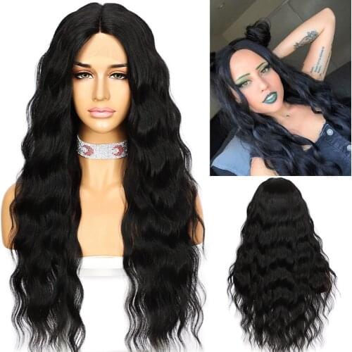 Krismile T-Part Lace Front 1B# Black Water Wave Middle Part Synthetic Wigs for Women High Temperature Party Cosplay Daily Hair