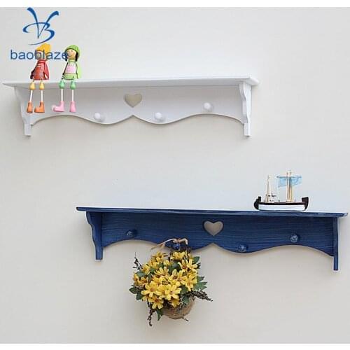 Floating Wall Display Shelf Bookshelf Storage With 4 Hanging Coat Hook Heart Shape White/Blue