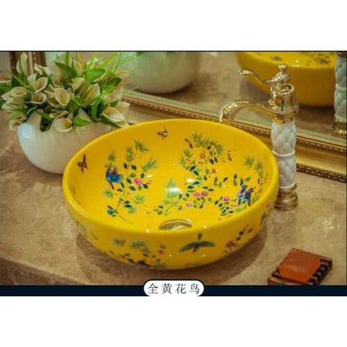 Yellow Porcelain China Classic Painting Art Birds&Flowers White Countertop Ceramic Bathroom Sink counter top wash basin