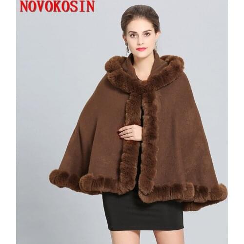 SC281 2018 Plus Size Women Winter Soft Pashmina Fake Fox Fur Collar Loose Poncho Capes Short Grey Cardigan Coat With Hat