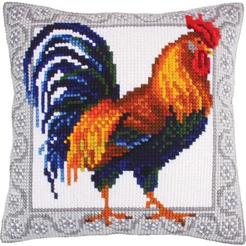 DIY Cross Stitch Cushion Front Gallic Rooster Needlepoint Kits Printed Canvas Chunky Yarn Cross-stitch Pillow Case Arts & Crafts