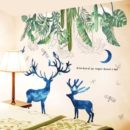 [shijuekongjian] Plant Leaves Wall Stickers DIY Deer Animals Wall Decals for Kids Bedroom Baby Room Nursery House Decoration