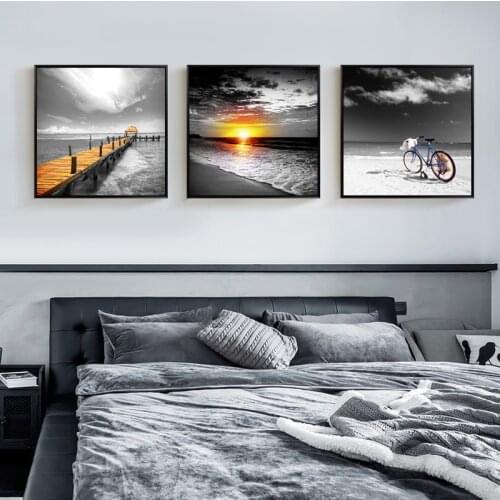 Modern City Black Landscape Canvas Painting of the Sea Sandbeach Leaf Forest Tower Poster Wall Picture Living Room Home Decor