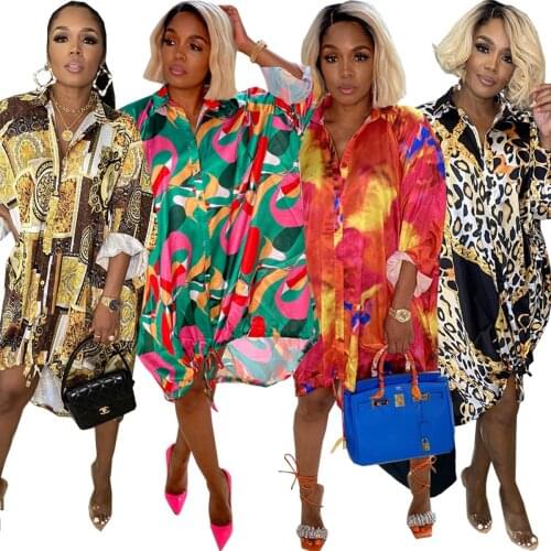 Somoshein S-2XL women autumn clothing 2021 fashion trend printing loose long sleeve V neck mini dress Wholesale Dropshopping