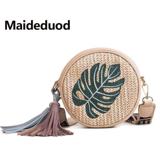 Maideduod Fashion Embroidery Women shoulder bag Round Bag buckle Rattan Straw Bags Satchel Wind Bohemia Beach Circle Bag