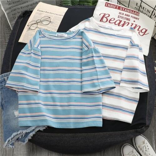 Woman tshirts Harajuku tops Kawaii tshirt rainbow ropa mujer kpop striped O-neck short-sleeved aesthetic t-shirt vintage tee