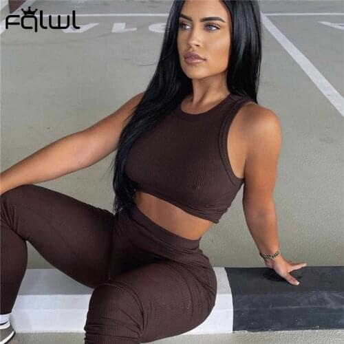 FQLWL Streetwear White Brown 2 Two Piece Set Women Outfits Summer Crop Top and Pants Set Suit Tracksuit Women Matching Sets 2021