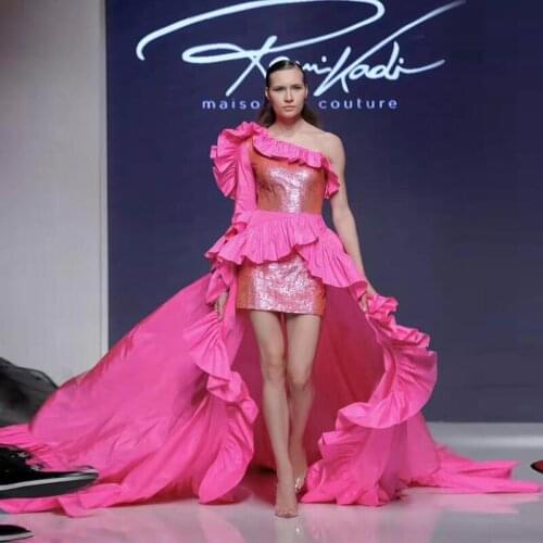 2019 New Fashion Show Runway Dress Elegant One Shoulder High Split Fuchsia Sequin Long Dress Women Celebrity Party Vestidos