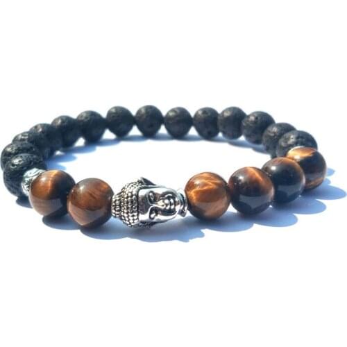 Charm Buddhism Bracelet Classic Natural Stone Tiger Eye Buddha Head Energy Black Lava Beaded Bracelet For Men Women Yoga Jewelry