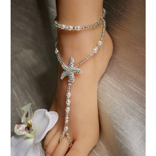 Fashion Imitation Pearl Elastic Toe Ring Bridal Anklets Foot Jewelry Bohemia Crystal Starfish Barefoot Sandals Anklets For Women