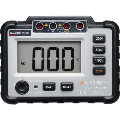 VC60B+ Digital Insulation Resistance Tester 250/500/1000V DC Lightweight Wide Range LCD Backlight Megger MegOhm Meter