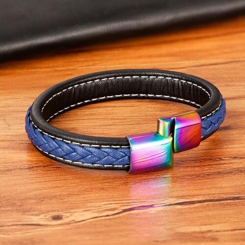 Colorful Stainless Steel Clasp Stitching Mens Leather Bracelet Special Blue Leather Multi-size Color Christmas Gift Big Sale