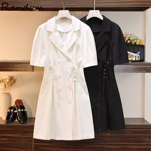 Women Plus Size L-4XL Vintage Shirt Dress Office Elegant Double breasted Short Sleeve Blazer Dresses 2021 Summer Black White