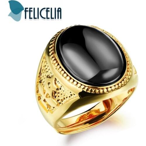 Felicelia Adjustable Gold Color Ring For Men Luxury Wedding Band Black/ Red/ Green Stone Signet Ring Hip-Hop Jewelry Big Width