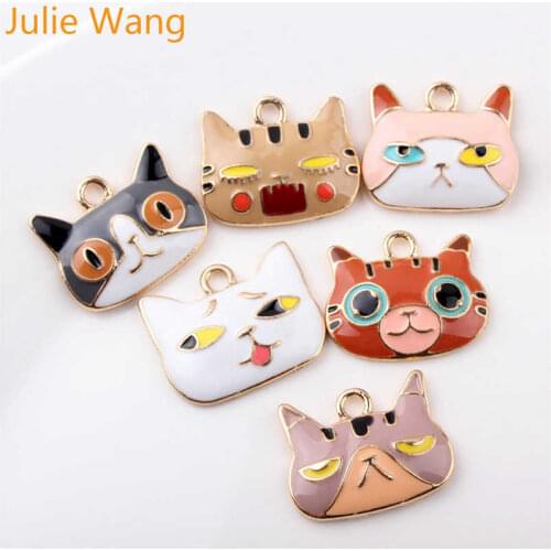 Julie Wang 5PCS Enamel Cartoon Cat Charm Alloy Animal Head Gold Tone Drop Oil Necklace Pendant Bracelet Accessory Jewelry Making