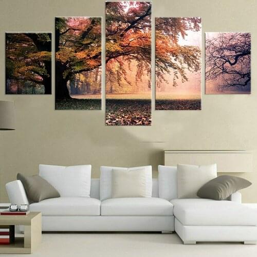 Canvas Painting Wall Art with Frame 5 Pieces Fall Trees Group Paintings Forest Great Trees Poster For Living Room Home Decor