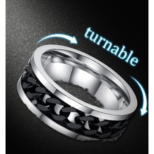 Stainless Steel Rotatable Spinner Black Chain Ring for Men Punk Titanium Steel Metal Finger Jewelry Male Alliance