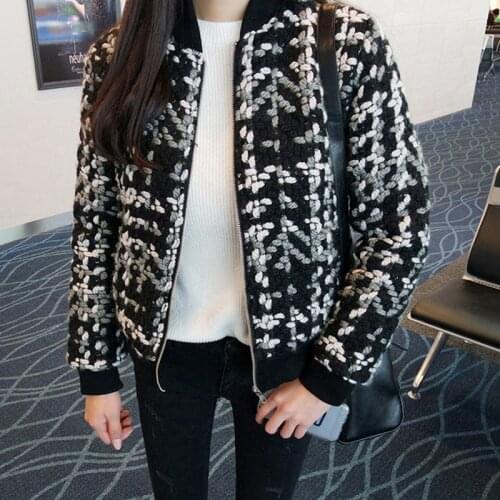 Houndstooth thick wool coat women 2021 fashion ladies long sleeve fall winter baseball tweed jacket casaco feminino c53