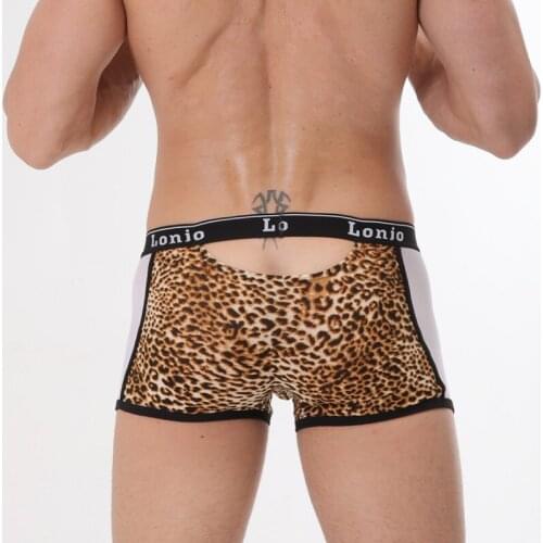 Leopard Mens Underwear Mesh Pathwork Erotic Sexy Back Hole Mens Boxers Panties Sissy Lingerie Fashion Gay Men Short Boxers