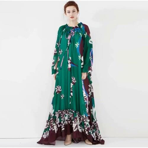 Fashion Loose Green Runway 2021 Spring Long Sleeve Flower Print Ruffles Bow Maxi Party Holiday Dress Vestidos
