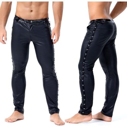 Mens Black Faux Patent Leather Pants Stage Skinny Performance Pants Stretch Leggings Men Sexy Bodywear Trousers Vinyl Pants