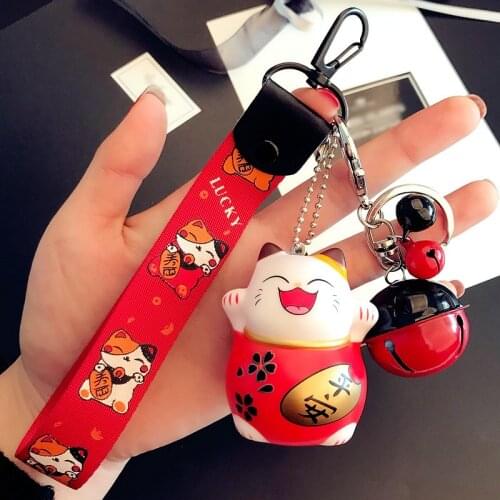 New Cartoon Lucky Cat Bells Keychain Women Cat Car Key Ring Charm Bag Pendant Key Chain Gift Accessories