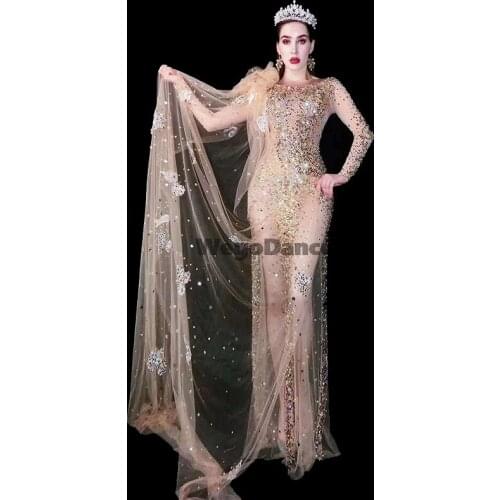 New Women Mesh Long Dress Color Rhinestones Transparent Wedding Birthday Clothing Singer Dance Bar