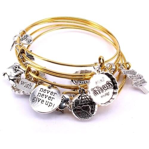 10 Pcs Bangle Set Wholesale Bottle Cap Wish Letters Charm Bracelets Gold Color & Silver Color Adjustable Bangles for Women A011