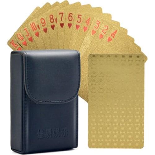 Plastic Gold Playing Cards Poker Game Deck Foil Pokers Magic Cards Waterproof Card Gift Gambling Board Game with leather box