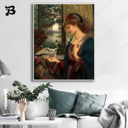 Poster Vintage Retro Canvas Painting Oil Painting On The Wall Canvas Poster Print Beautiful Girl Bird Wall Picture Home Decor