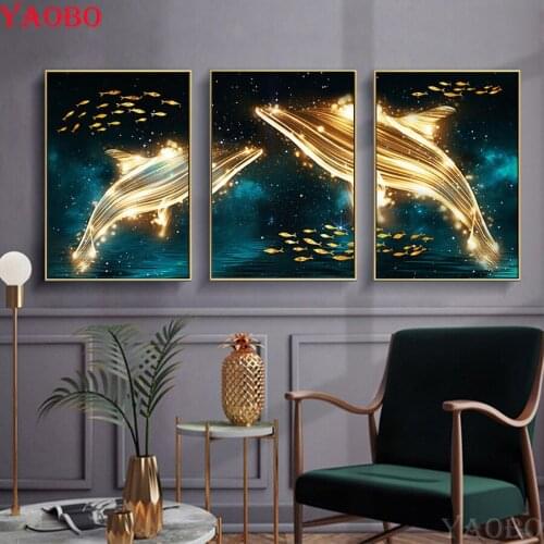 Modern abstract 3 pcs 3D diamond painting starry sky gold dolphin crystal cross stitch full square rhinestone mosaic diamond art