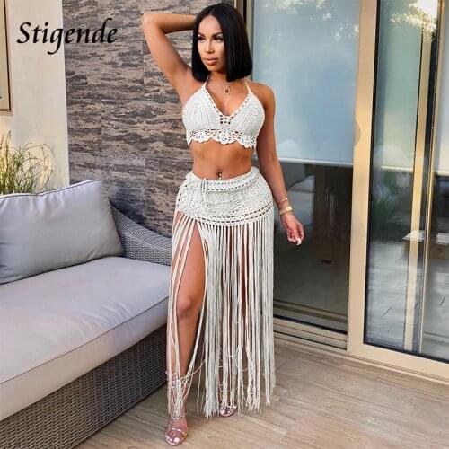Stigende Crochet Bikini Set Tassel Swimwear Women Bandage 2 Piece Knitted Beach Set Summer Sexy Hollow Out Long Cover Up Skirt