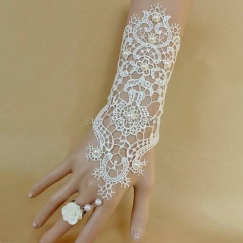 Wedding White Lace Glove finger Bracelet Set for Bride European Style Rose Flower Beads Decoration Bridal Hand Accessories