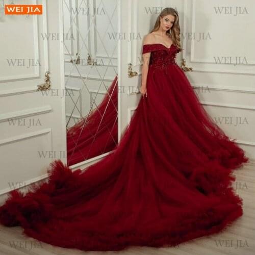 Red Wedding Gowns 2021 Off Shoulder Vestido De Noiva Chapel Train Telle Appliqus Beaded Bride Dresses Abito Da Sposa Top Quality
