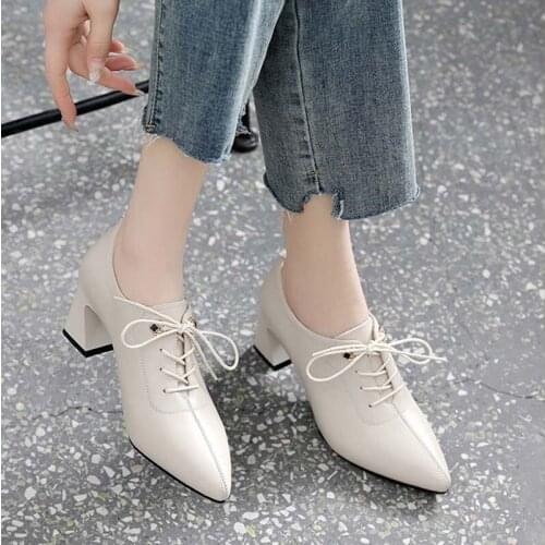 Spring Autumn New Pointed High Heels Fashion Lace-up Thick Heel Womens Deep mouth shoes Pumps Ladie Dress Shoes Party Shoes