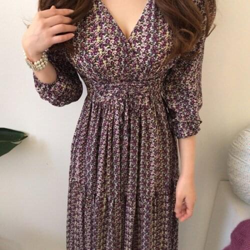 YAMDI vintage a-line dress women 2020 spring autumn korean woman elastic high waist long sleeve v neck print elegant midi dress