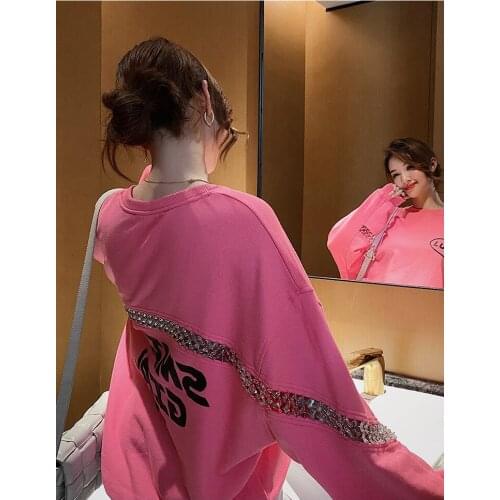 Womens Pink Cutout Panel Sweatshirt Loose Crewneck Sweatshirt