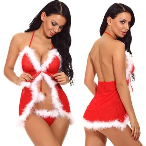 Women Sexy Pajamas Babydoll Sleepwear Ladies Red Christmas Underwear Lady Backless fun with straps Lingerie Sets