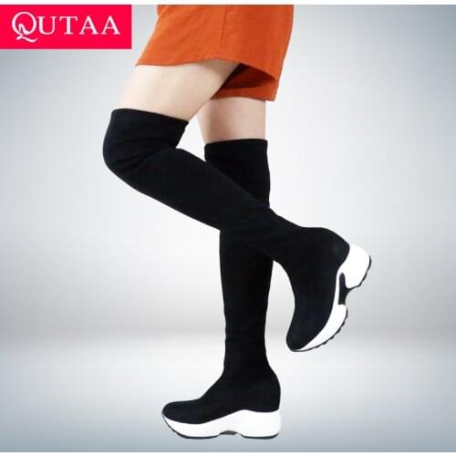 QUTAA 2022 Stretch Fabrics Over The Knee Boots Height Increasing Round Toe Women Shoes Autumn Winter Casual Long Boots Size34-43