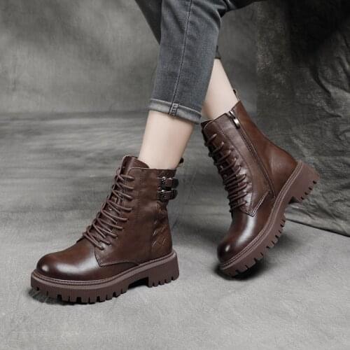 2021 New Handmade Leather Martin Boots Womens Boots Single Boots Plus Velvet Cotton Boots First Layer Leather Buckle Boots