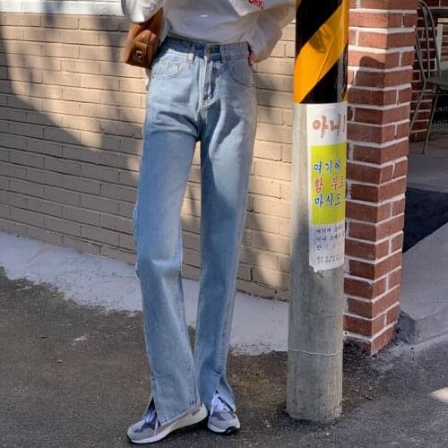 Mozuleva 2021 Spring Women Vintage Denim Jeans High-waist Straight Jeans for Women Side Split Jeans Vintage Long Pants