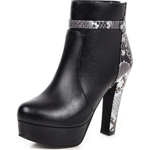 Women Ankle Woman Winter Shoes Ladies High Heel Platform Zip Round Toe Black White Big Size 2019 New Fashion Free Shipping