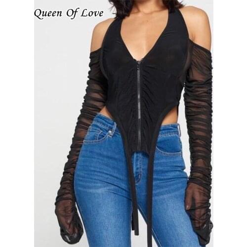 2021 New Summer Zipper V-Neck Backless Crop Top Women Sexy Irregular Long Sleeve Lace Up Mesh See Through Shirt Tops