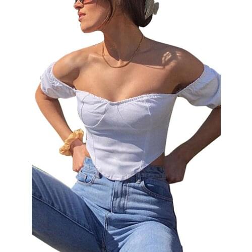 Womens Off Shoulder Puff Sleeved Top Retro Palace Style Slim Solid T-Shirt Fashion Short Street Clothing