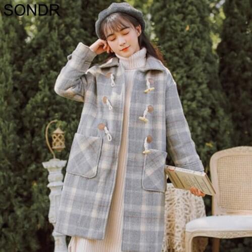 WomenS Plaid Thick Woolen Coat 2020 Winter New Japanese Soft Girl Loose Wild Horn Button Woolen Coat Long Vintage Ladies Jacket