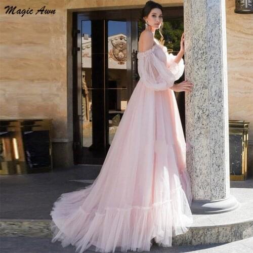 Magic Awn Pink Off The Shoudler Boho Wedding Dresses Lace Appliques Puffy Sleeves Illusion Princess Bridal Gowns A-Line Vestidos