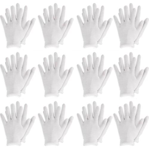 12 Pairs White Reusable Elastic Soft Cotton Work Gloves For Dry Hand Moisturizing Cosmetic Eczema Hand Coin Jewelry Inspection