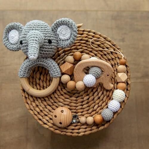 3pcs/set Baby Wooden Music Rattle Crochet Elephant Bells Teething Bracelet Pacifier Clip Gym Play Stroller Toy Mobile Holder Toy